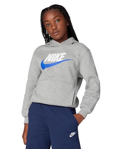 Nike Big Kid's Sportswear Club Fleece Hoodie, Dark Grey Heather/Game Royal, X-Large