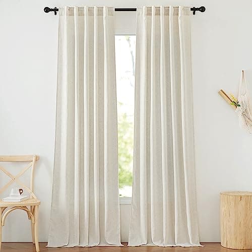 NICETOWN Flax Linen Curtains for Living Room, Rod Pocket & Back Tab Semi Sheer Window Treatments Privacy Added with Light Filtering for Bedroom/Living Room, Natural, W42 x L95, 2 Panels