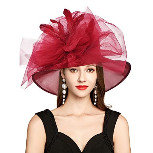 2026 Derby Hats for Women Ladies, Organza Church Tea Party Wedding Kentucky Fascinator Hat UV Protection Sun Hat Burgundy