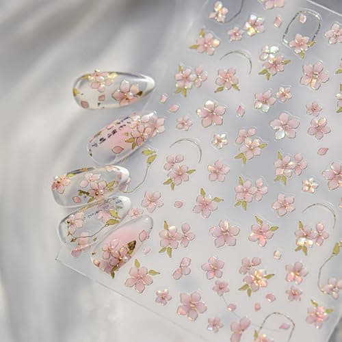Fower Nail Stickers 5D Embossed Nail Art Stickers Spring Nail Decals DIY Self Adhesive Bling Pink Laser Flower Design Glitter Sticker Nail Decoration for Women Manicure Accessorie