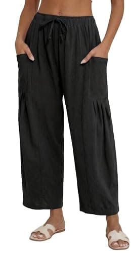 Marvmys Linen Palazzo Pants for Women Summer Casual Travel Vacation Trousers Black M