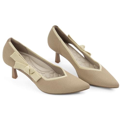 JENN ARDOR Low Kitten Heels Nude Dress Shoes for Women Comfortable Knit Mid Heeled Pumps Closed Pointed Toe Stiletto Casual Dressy Wedding Party Prom Office Shoes 6
