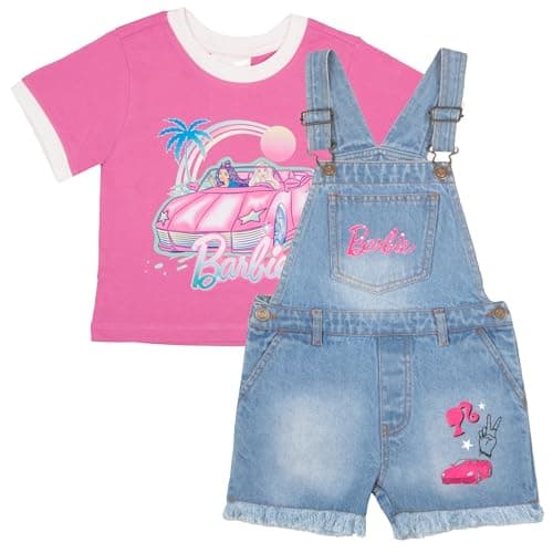 Barbie Girl's Crewneck T-Shirt and Denim Short Overalls 2-Piece Set Pink Convertible Tee and Jean Shortalls for Kids (Pink and Blue, Size 6/6X)