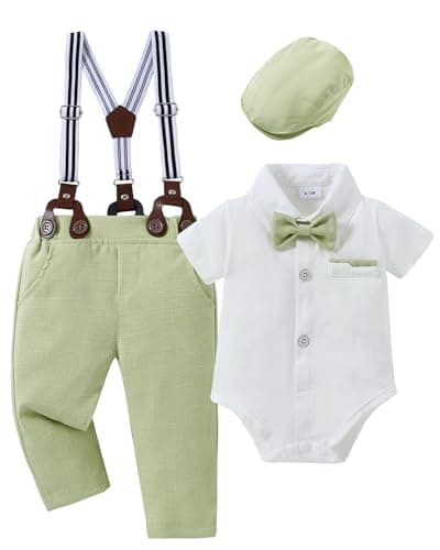 CARETOO Baby Suits For Boys Baby Boy Outfits Baby Tuxedo Dress Shirt/Bowtie/Suspender Pants Set Green 6-12months