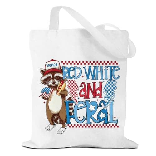 VICBOU Funny Raccoon Canvas Tote Bag，4th of July Independence Day Patriotic Coquette Gift for Women Girls Sister Friend Reusable Canvas Shoulder Tote Bag for Grocery Shopping Travel Gym Beach