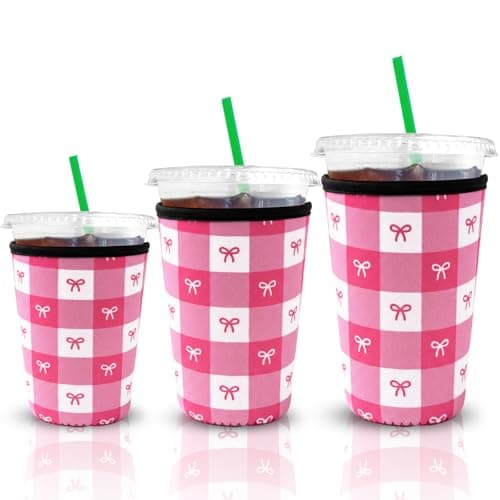 XccMe 3Pack Pink Bow Iced Coffee Insulator Sleeve for Cold Beverages