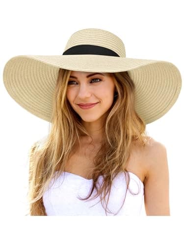 Senker Fashion Sun Hats for Women Oversize Wide Brim Straw Beach Hat Floppy Foldable Roll-Up Summer Vacation UPF 50+ Beige