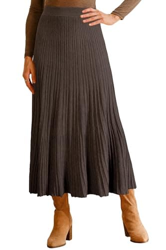 Arach&Cloz Womens Wool Blend Fall Winter Elastic Waist Pleated A-Line Knit Maxi Midi Dress Long Skirts Flowy Casual Ruffle Western Travel Country Concert Outfits Brown S