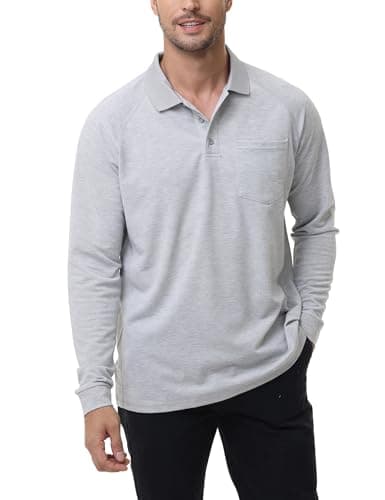 MOHEEN Men's Cotton Jersey Long Sleeve Polo Shirt Pique Golf Shirt - Casual Workwear Office(Grey,3XL)