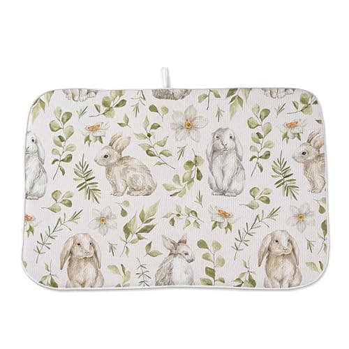 Spring Dish Drying Mat 18x24 Inches For Kitchen Counter Absorbent Easter Green Rabbit Floral Kitchen Decoration Bunny Flower Drying Mat Pad For Home Kitchen,Dining Room,Office Decor