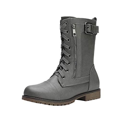 DREAM PAIRS Women's Mid Calf Built-in Wallet Pocket Lace up Military Combat Boots,Size 9.5,All Grey,MISSION