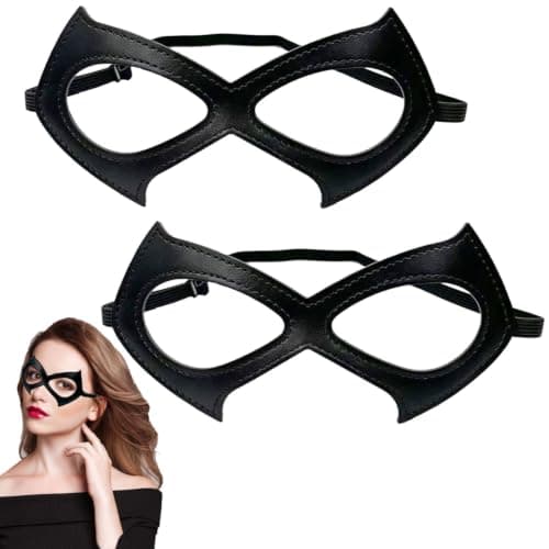 7Queen 2PCS Adjustable Leather Black Cat Eye Mask Cat Woman Mask with Adjustable Strap, Half Face Superhero Mask for Women Masquerade Halloween Costume Cosplay Accessory Props