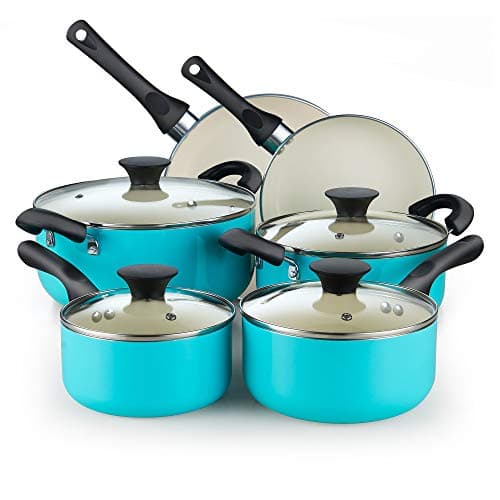 Cook N Home Basics Ceramic Nonstick Pots and Pans Cookware Set, Dutch Ovens and Saucepans with Glass Lid, Frying Pans without Lid, Not Induction, 10-Piece, Turquoise