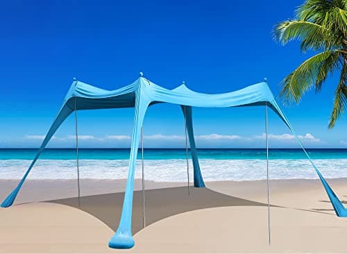Family Beach Tent Canopy Sun Shade, Pop Up Grande Beach Tent Sun Shelter Stability 4 Poles with Portable Carry Bag Outdoor Shade for Fishing Backyard Camping