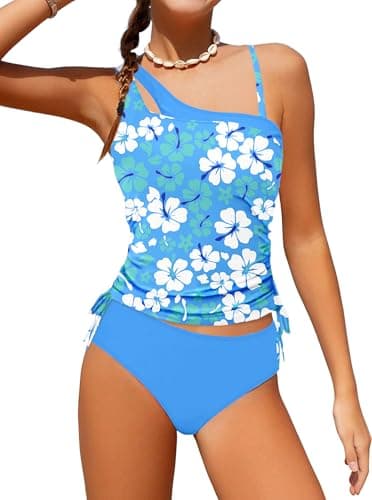 AGAPENG Girls Swimsuit Girls Tankini Swimsuit Girls Bathing Suits Size 8-10 One Shoulder Flower Print Bathing Suit Drawstring Two Piece Girls' Swimwear Blue