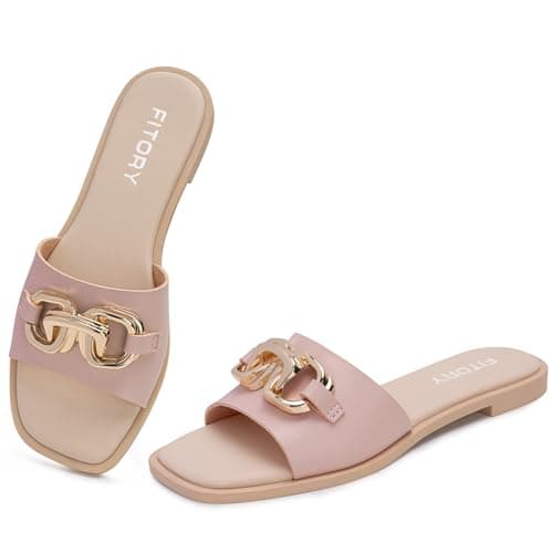 FITORY Women's Flat Sandals Fashion Slides With Soft Leather Slippers for Summer Muted Pink Size 8