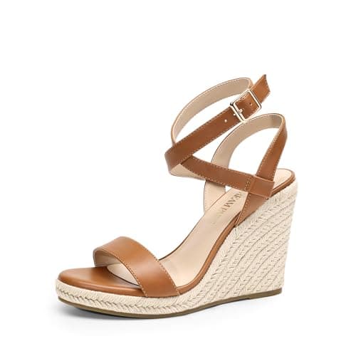 DREAM PAIRS Womens Open Toe Espadrilles Dressy Platform Sandals Buckle Ankle Strap Stylish Wedges Summer Dressy Sandals,Size 5,Brown-Pu,SDPW2211W