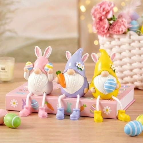 TACROART Easter Gnomes Decorations for Home, Set of 3 Resin Bunny Gnome Shelf Sitters with Dangling Legs - Cute Spring Decor for Tiered Tray, Tabletop, Office Desk, Gift Idea