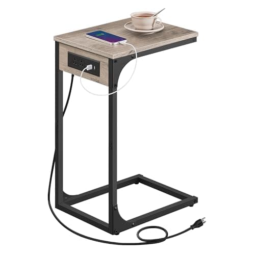 VASAGLE C-Shaped Side Table, End Table with Charging Station, C Table for Couch, Sofa, Adjustable Feet, for Bedroom, Living Room, 2 USB Ports and Outlets, Heather Greige ULET362K02
