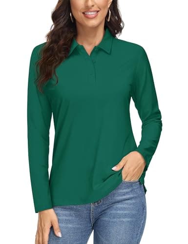 MAGCOMSEN Women's Long Sleeve Polo Shirts Quick Dry Athletic Collared Golf Tops for Work UPF 50+ Moisture Wicking Green