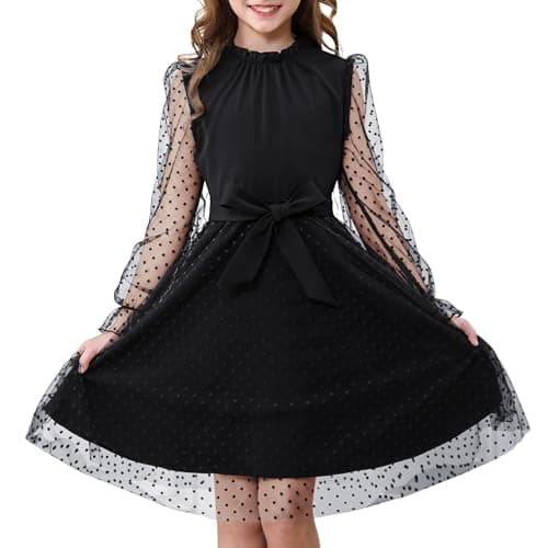 Rolanko Girls Contrast Mesh Dress with Belt, Puff Long Sleeve A-Line Polka Dot Tulle Party Dresses(Black, 10-11 Y)
