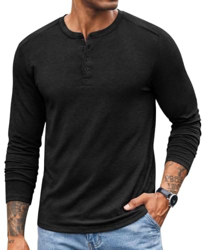 COOFANDY Men's Long Sleeve Henley Shirt 4 Button Collarless Pullover Shirt Lightweight Fashion Casual T-Shirts Black