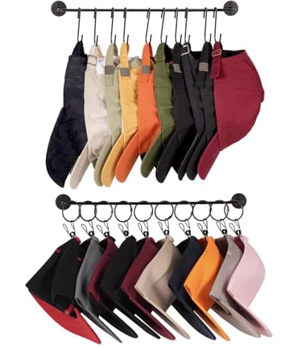 Livelab Hat Rack for Wall, Hat Organizer for Baseball Caps with 10 Hooks+10 Clips, 2 Pack Modern Metal Hat Storage Wall-Mounted Hanger Holder for Closet Door Bedroom Entryroom