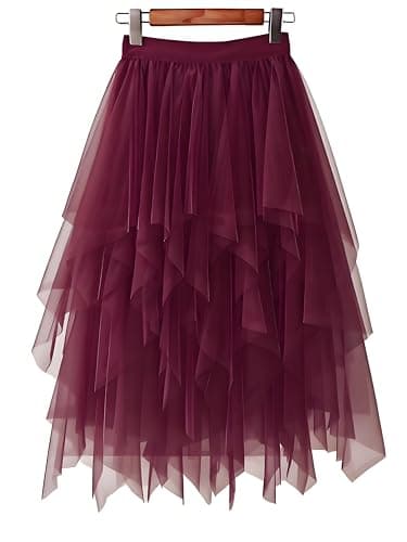 LBKKC Women's Tulle Skirt Burgundy, Formal High Low Asymmetrical Midi Length Elastic Waist Tutu Layered Puffy Fairy Skirts