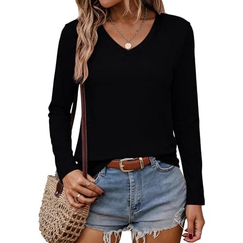 JROWI Womens Long Sleeve Tops Fall Shirts Cotton V Neck Tshirts Basic Tee (Black, S)