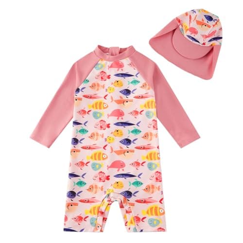 upandfast Baby/Toddler Girls Sunsuit Swimsuit with Snap Bottom UPF 50+ Infant One Piece Rashguard Swimwear (Many Fish, 18-24 Months)