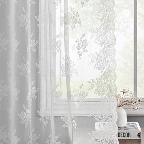 Kotile White Lace Curtains for Bedroom Rustic Floral 52x63 Inch, 2 Panels