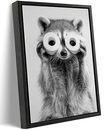 Framed Adorable Raccoon Bathroom Canvas Wall Art Toilet Paper Raccoon Wall Decor Pictures Funny Black and White Bathroom Animal Posters Prints for Restroom Home Decoration 12x16in