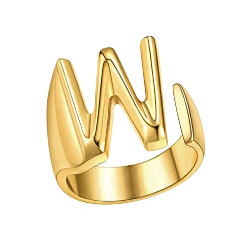 FindChic W Initial Statement Ring: Stackable Capital Alphabet 18K Gold Plated Resizable Fashion Wedding Jewelry