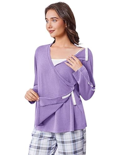 Deyeek Women's Post Shoulder Surgery Shirts Long Sleeve V-Neck Wrap Chemo Blouses Easy Access Adaptive Snap Dialysis Shirts Lilac Purple
