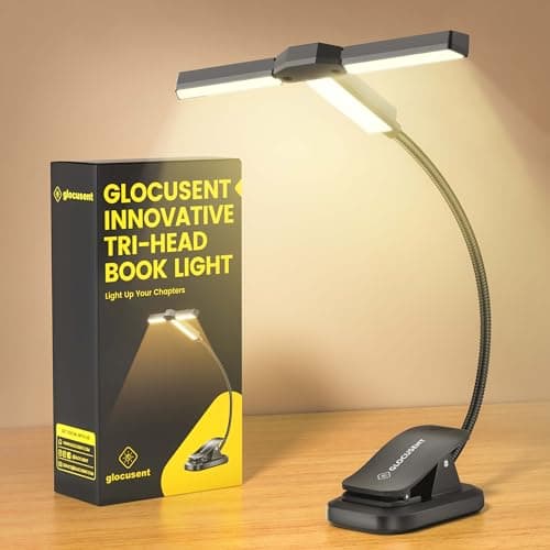 Glocusent Innovative Tri-Head Book Light for Reading in Bed, 3 Colors & 5 Brightness Levels, 1000mAh Rechargeable Reading Light with 30-Min Timer, 10-100Hrs, Partner Friendly