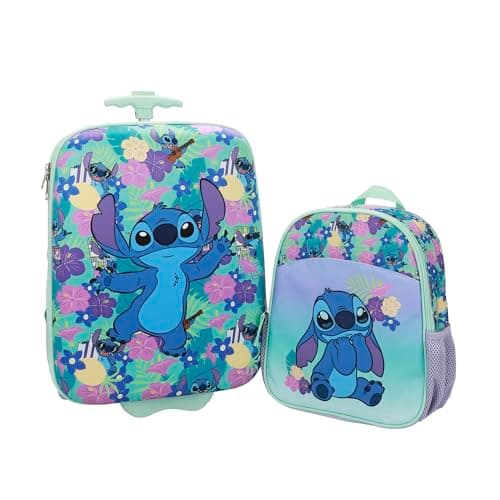 Bioworld Disney Stitch Tropical Flower Print 2-Piece Youth EVA Wheeled Luggage & Travel Backpack Set