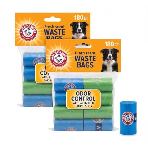 Arm & Hammer Easy-Tear Disposable Dog And Cat Waste Bags With Activated Baking Soda, 180 Dog Poop Bags, 9 x 14 Inches, (Pack of 2)