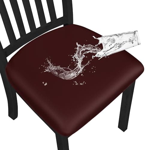 Easy-Going Waterproof PU Leather Seat Covers for Dining Room Chairs Set of 4, Stretch Fit Removable Chair Seat Protector Slipcovers with Elastic Band, Wine