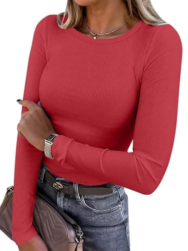 ANRABESS Women Long Sleeve Shirts Ribbed Fitted Tops,Red,XS