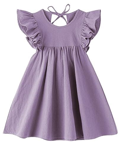JNKLWPJS Toddler Linen Dress Girls Ruffle Sleeve Dresses Purple 110