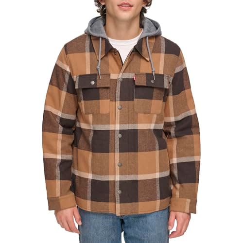 Levi's Men's Plaid Sherpa Lined Hooded Shirt Jacket (Regular & Big & Tall Sizes), Brown Café Plaid, X-Large