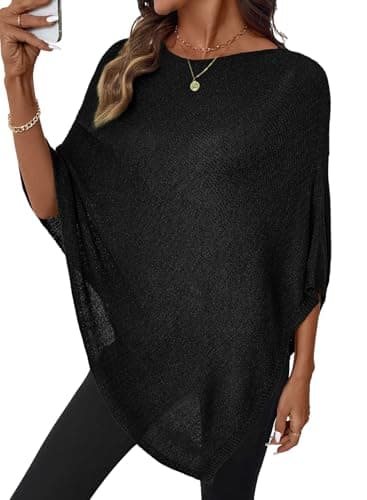 SHEWIN Sweaters for Women Casual Sheer Knit Ponchos Summer Sweaters Lightweight Cute Tops See Through Beach Cover Ups for Women Beach Outfits Spring Clothes,(US 20-22) 2XL,Black