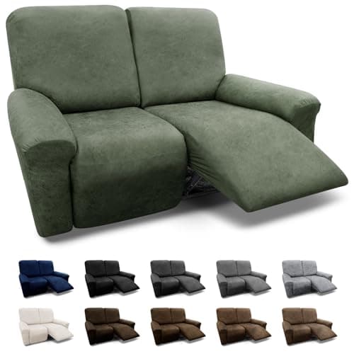 Pfrstuv Loveseat Covers 6-Pieces Loveseat Recliner Cover 2 Seater Cover for Reclining Loveseat Cover Leather Look Recliner Slipcovers with Pocket Spandex Furniture Cover(Recliner Loveseat, Army Green)