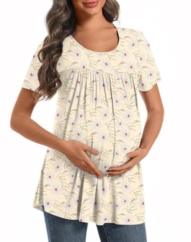DreamGlee Women's Maternity Shirts Casual Short Sleeve Tunic Tops Round Neck Pregnancy Clothes, Beige Feverfew Floral, XXL