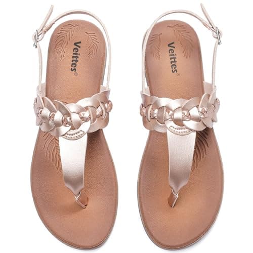 Veittes Women's Casual Flat Slide Sandals - Comfortable Slip-On with Ankle Strap,Round Open Toe lightweight Summer Beach Thong Sandals.(2407006,GD/MF,7)