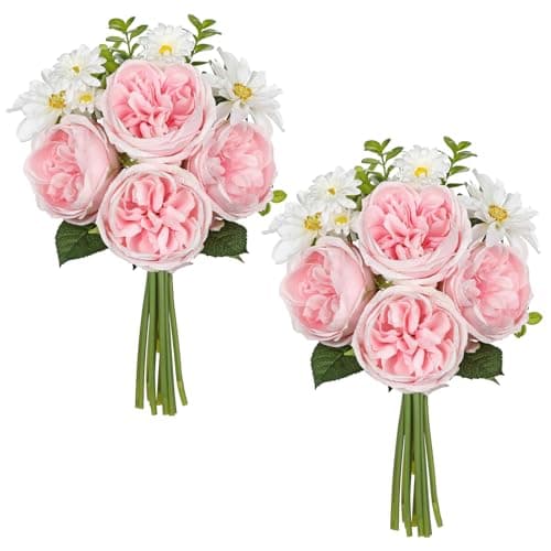 GnFlus Artificial Peony Flower Stems 2 Pack (22PCS) Faux Pink Peonies & Daisies Silk Flowers 14.5" Realistic Fake Flowers for Vase Centerpiece Wedding DIY Bridal Bouquet Home Decor
