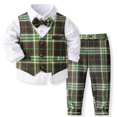Kimocat Baby Boy Clothes Outfit Suit Long Sleeve Gentleman Tuxedo Vest Wedding Birthday Party Suit (US, Age, 5 Years, Green Plaid Set)