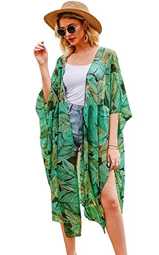 Hibluco Women's Long Floral Kimono Printed Cardigan Sheer Swimsuit Cover Ups