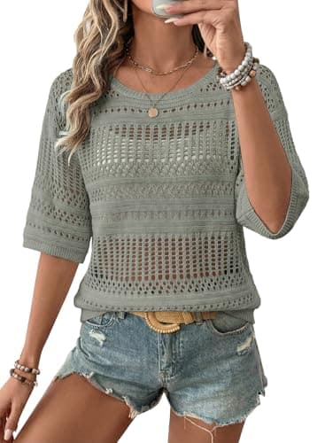 EVALESS Beach Vacation Outfits for Women 2026 Summer Hollow Out Crochet Tops Cruise Resort Wear Fashion Trendy Crewneck Half Sleeve Sweaters Clothes,Grass Green Medium