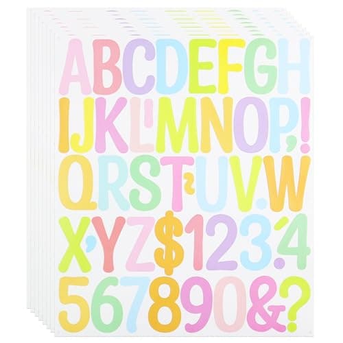 8 Sheets 2 Inch Letter Number Stickers, 376 Pieces Self Adhesive Vinyl Capital Alphabet Punctuation Stickers for Scrapbook, Mailbox, Crafts and DIY, Multi